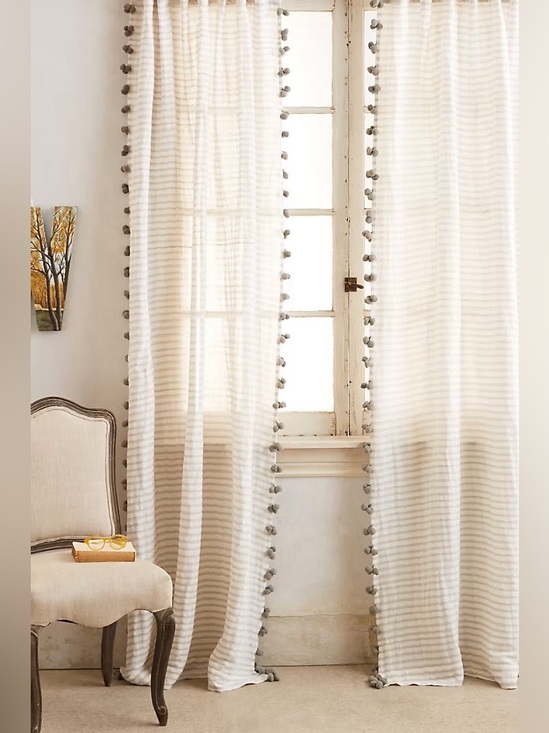 Anthropologie Other - Anthropologie Pom Tassel Striped Curtain Grey
